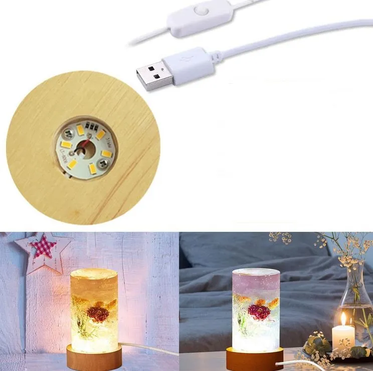 Wooden LED Light Decor Dispaly Base Crystal Glass Resin Art Ornament Wood Night Lamp Bases LED Lights Rotating Display Stand SN4255