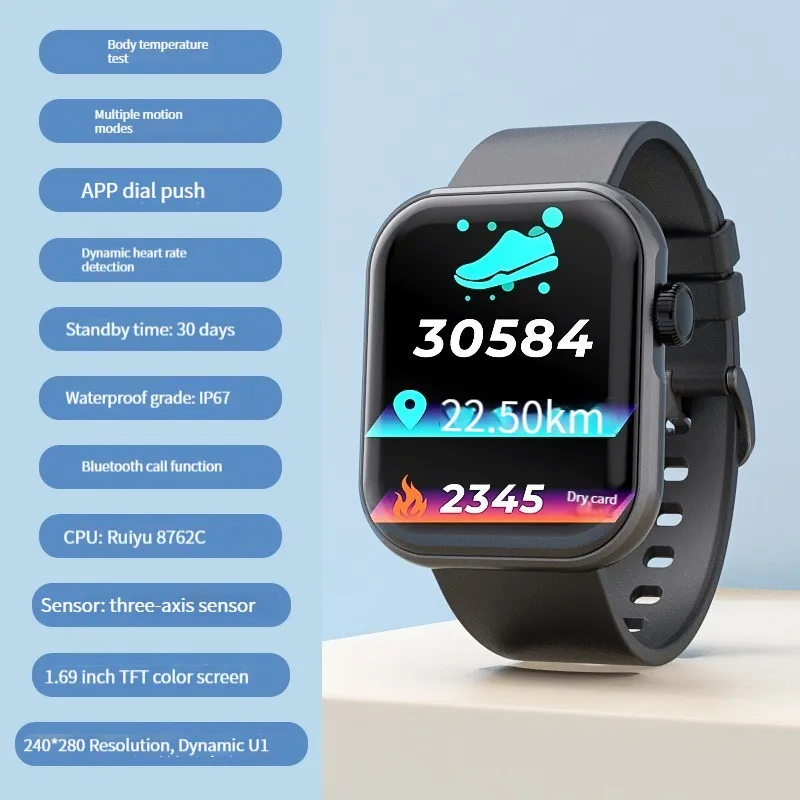 H10 Tipo de correa de mu￱eca Smart Watch 1.69 pulgadas Full Touch Bluetooth Implaz de agua Mujeres Temperatura meteorol￳gica Medici￳n de frecuencia card￭aca Alarma Monitoreo del sue￱o