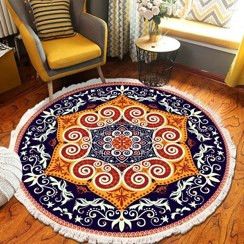 Teppiche Nordischer ethnischer runder Teppich Großer 120 cm 150 cm 200 cm großer Bereich Teppich für Schlafzimmer Böhmen Mandala gewebte Baumwolle Quaste Bodenmatte