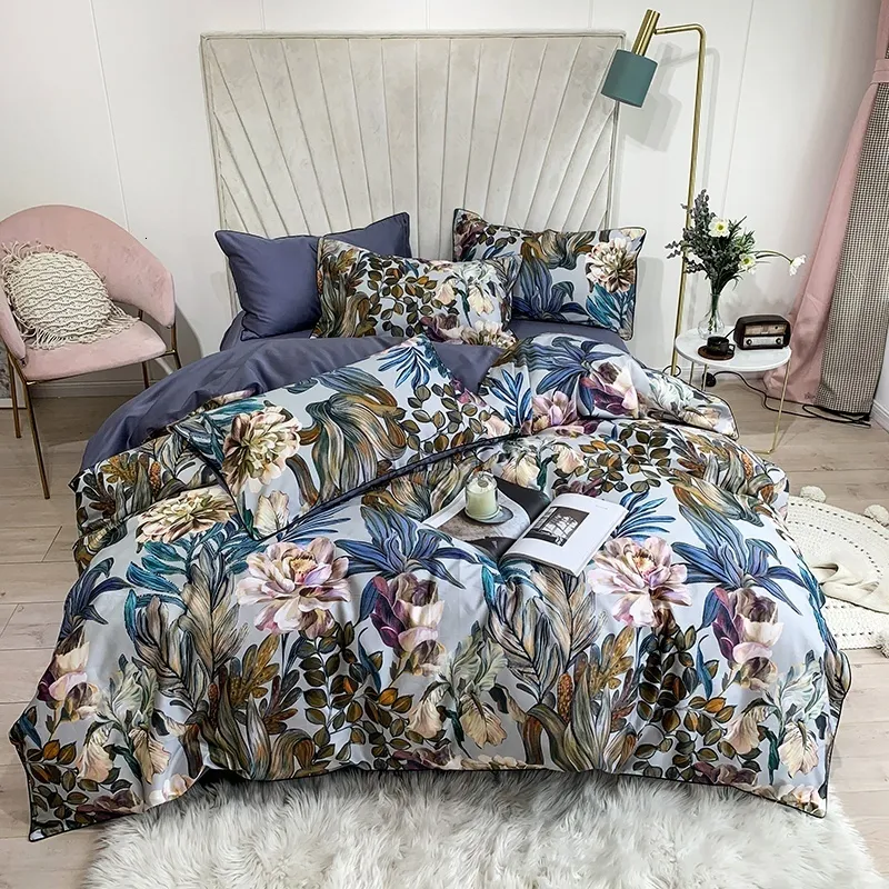 Set di biancheria da letto Foglie tropicali Fiori Copripiumino Silky Soft 100 Cotone egiziano Queen King Lenzuolo Copripiumino Federe 221129