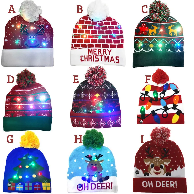 Juldekorationer 28 Styles År LED -stickad hatt Beanie Light Up Lyuminate Warm For Kids Adults Decor 221130