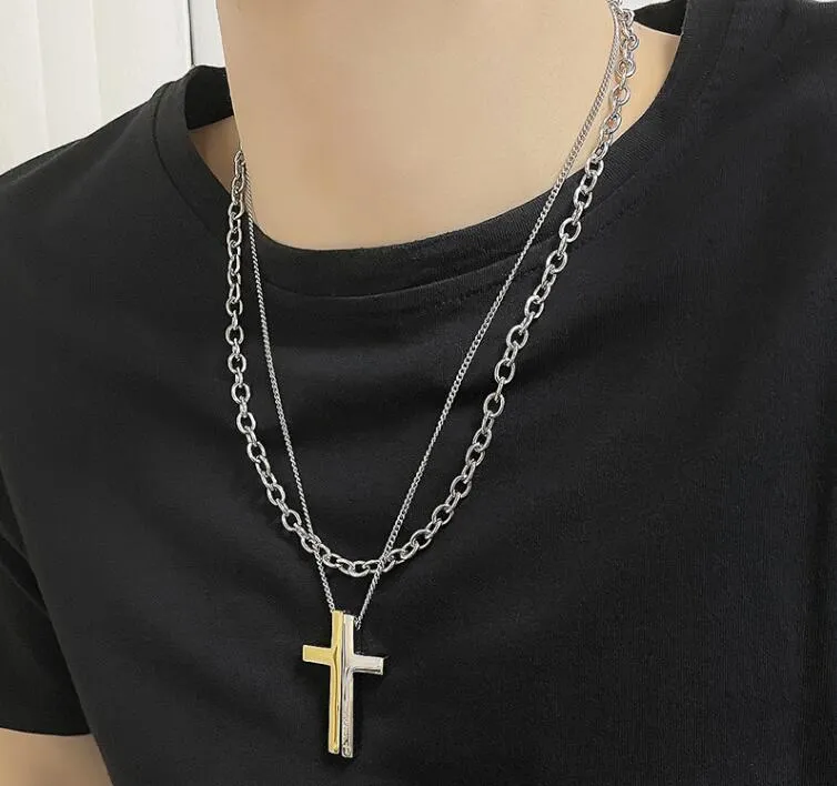 Classic Cross Pendant Necklace rostfritt stål Fashion Hip-Hop dubbelskiktdesignsmycken för män kvinnor 21.6 tum