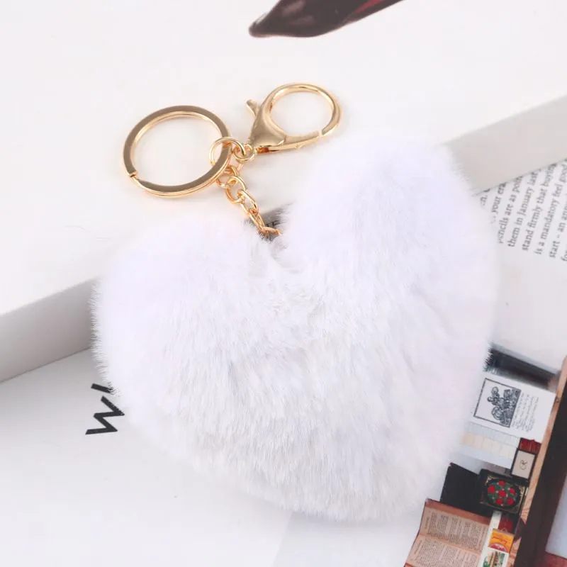 Party Favor Heart Keychain Ball Faux Fur Fluffy Key Holder Women Cute Plush Key Ring Love Gift Girlfriend Brithday