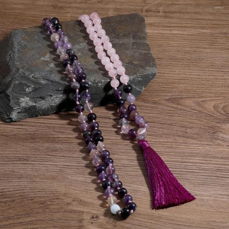 Pendanthalsband mala pärlor halsgece 8mm natursten 108 roskristall stretchmeditation yoga etniska långa smycken