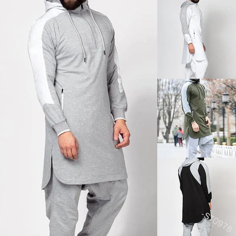 Men's Hoodies Mandylandy Muslim Men Colorblock Plus Size Long Section Sweatshirts Hood Zipper Pullover Sleeve Length