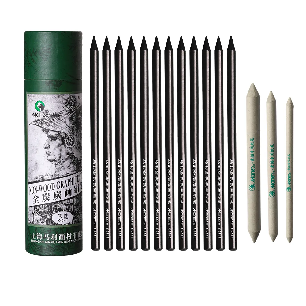 Andere kantoorschoolbenodigdheden Marie's Woodless Compressed Graphite Charcoal Pencils 24 stks met 3 Paper Pen Professional Drawing Sketch voor beginnersartiesten 221130