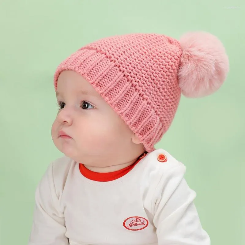 Berets Kinder Einfarbig Doppel Flauschigen Ball Hüte Mode Warme Stricken Wolle Kappen Kleinkind Kopfbedeckungen Haar Zubehör Po Requisiten