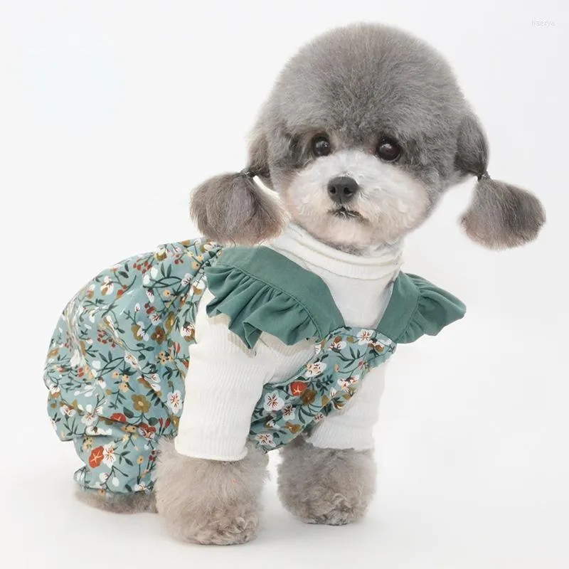 犬アパレルサマーペット服ガールフローラルプリントロータススリーブジャンプスーツパンプキンパンツ小さな中犬用猫猫かわいいポケットシャツ