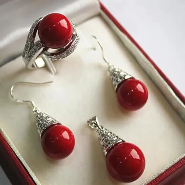 nieuwe mooie sieraden 12 mm vermiljoen rode schelp parelketting hanger oorbel ringset