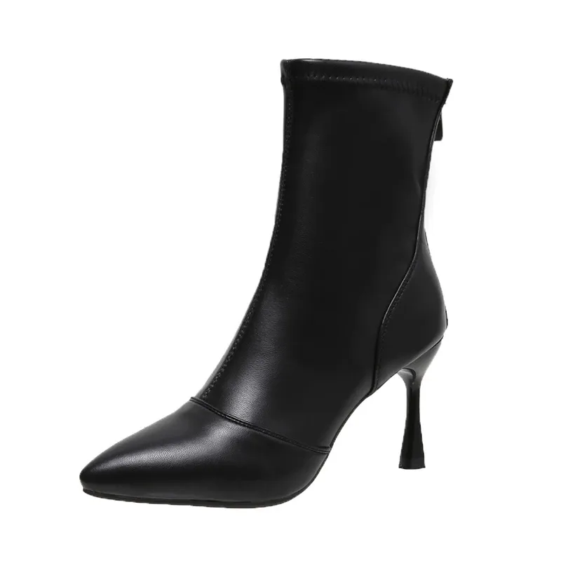 Spring Anutumn New Black Sexy Short Boots Women`s Stiletto Ladies Fashion Pointed Zipper High Heels Shoes