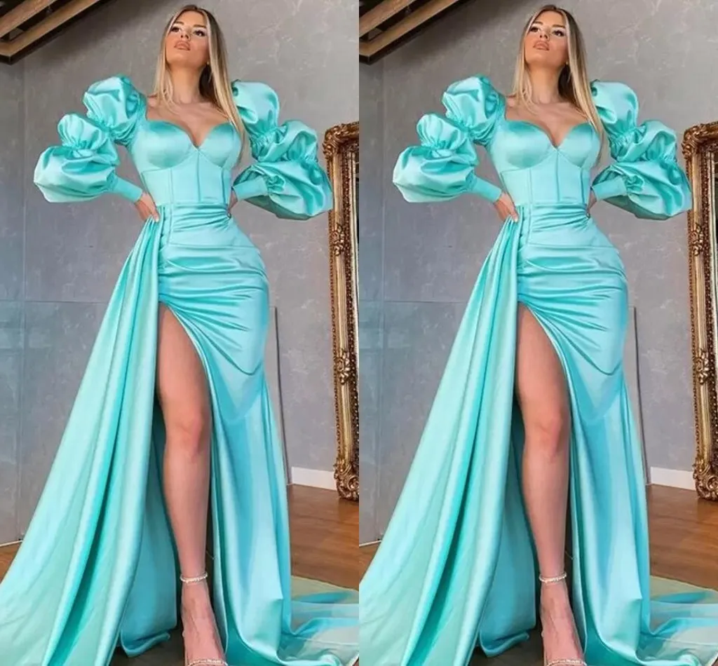 Turquoise Plus La Taille Robes De Bal Manches Longues Pour Les Femmes Sexy Chérie Satin Balayage Train Haut Côté Split Princesse Formelle Soirée Porter Des Robes De Soirée Sur Mesure