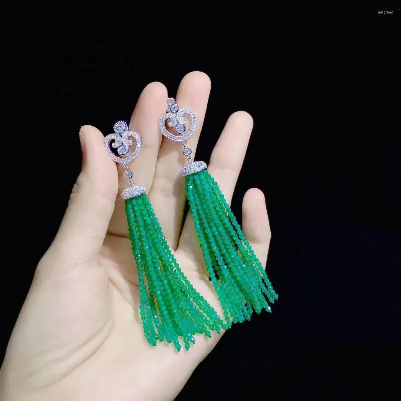 Dangle Earrings Pirmiana 8cm Handmade S925 Silver Green Agate Nano Spinel Tassel Fashion Jewelry Women