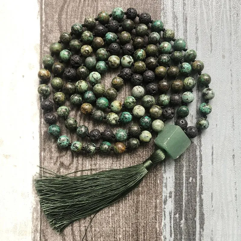 Chains Rough Aventurine Guru Stone Knotted Necklace 8MM Afircan T-urquo Ise Beaded Mala Necklaces Men 108 Prayer Beads Yoga Jewlry