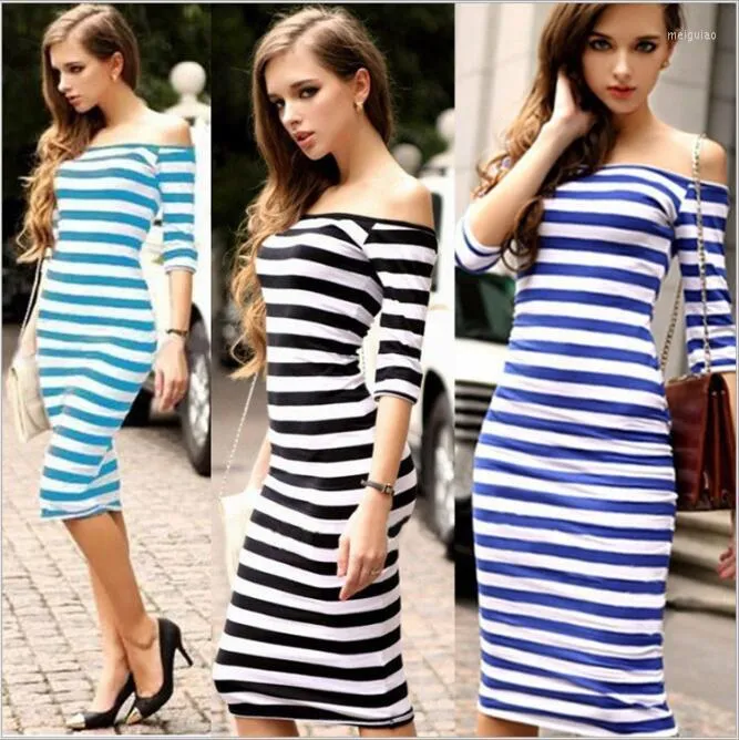 Party Dresses Women Dress Elegant Off-shoulder Sexy Slim Striped Women's Half Sleeve Slash Neck Casual Knee-length Pencil Ladoes