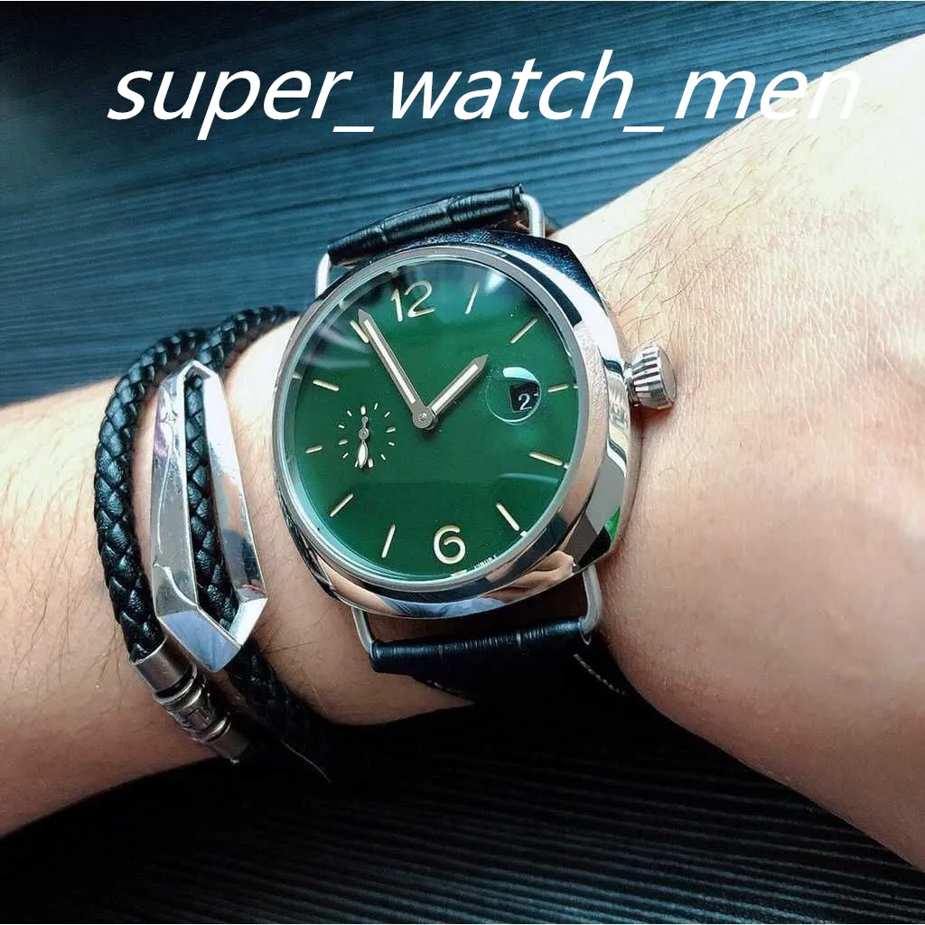 Orologio da uomo di qualità eccellente P AM Manuale quadrante verde Cinturino in pelle da 42 mm Retro trasparente Asia Orologi meccanici automatici Orologi da polso con zaffiro