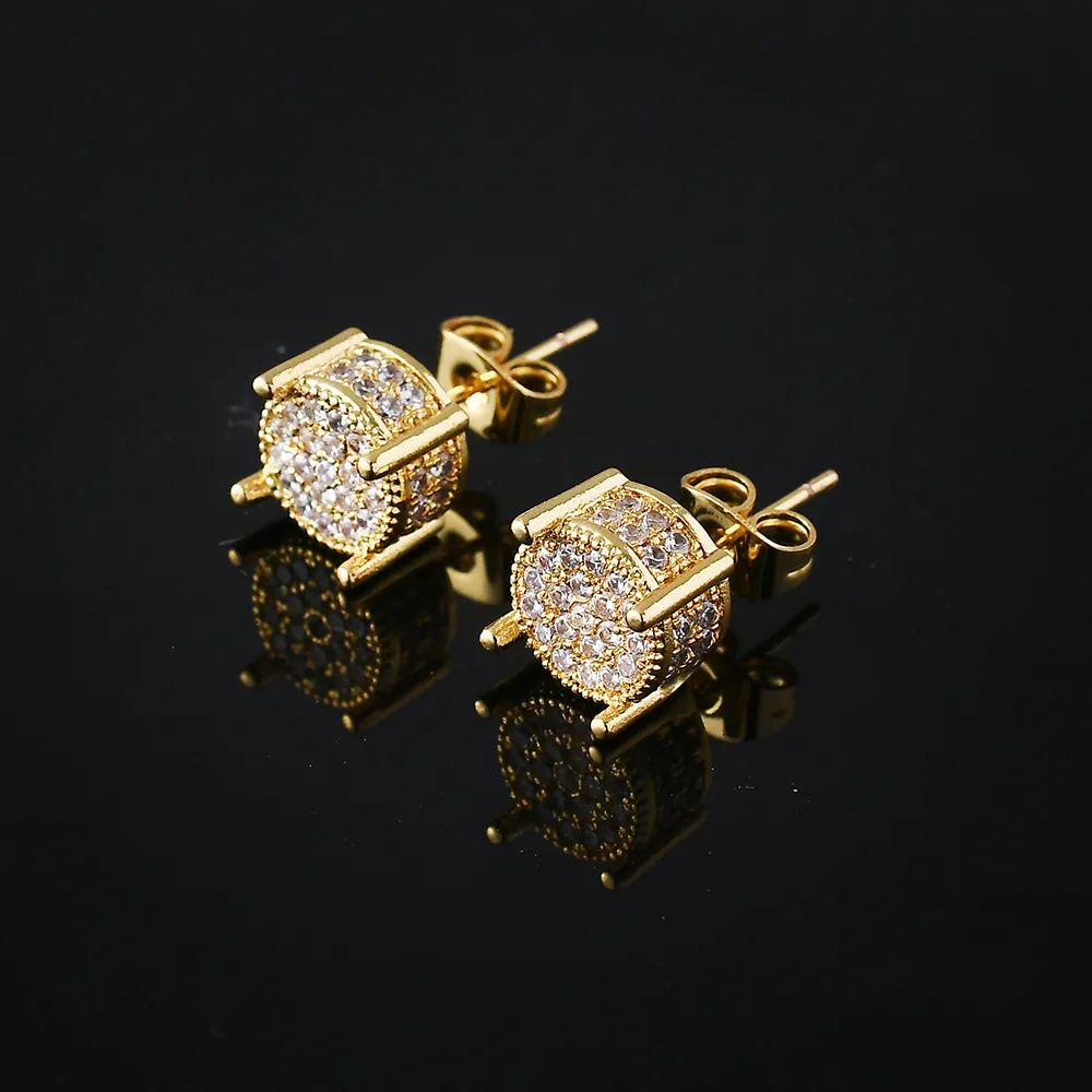 Gold Silver Plated Iced Out CZ Earring Stud Cluster Round Bling Screw Back Studs örhängen för män och kvinnor hiphop smycken