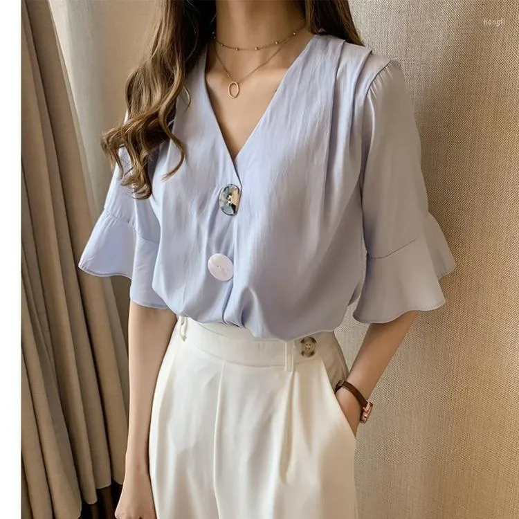 Women's Blouses Fashion Trends Big Button Blouse Women Butterfly Sleeve Chiffon Tops Decoration Short Loose Casual
