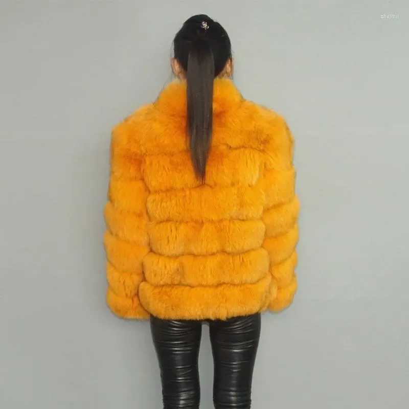 Women's Fur Women's & Faux Genuine Gold Orange Transverse Stripes Coats Outwear Jackets Parka Winter Blazer Stand Up Collar Women