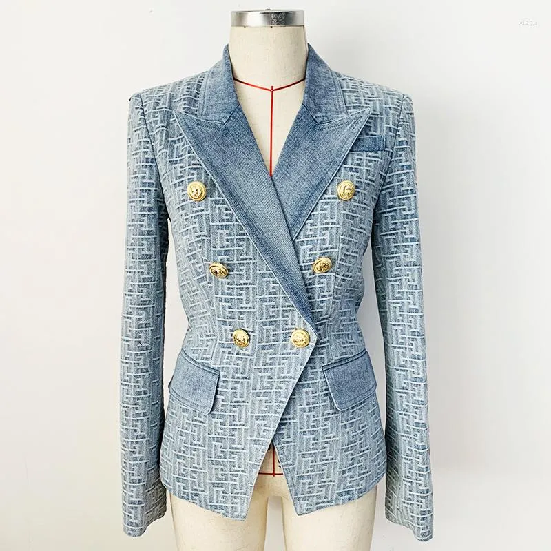 Damenanzüge M Mädchen Est Mode 2022 Designerjacke Frauen Slim Fitting Zweireihiger Löwenknöpfe Geometrischer Denim-Blazer