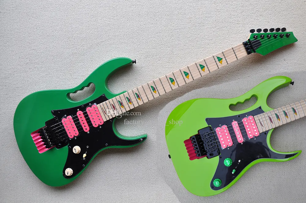 Factory Custom Fluorescent green Electric Guitar with Maple Fretboard Black Hardware Pink Pickups Can be Customized