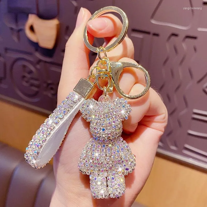 Nyckelringar Fancy Strass Rhinestone Diamond Bear Animal Keychain Leather Strap Car Key Chain Bag Pendant Llaveros Para Mujer