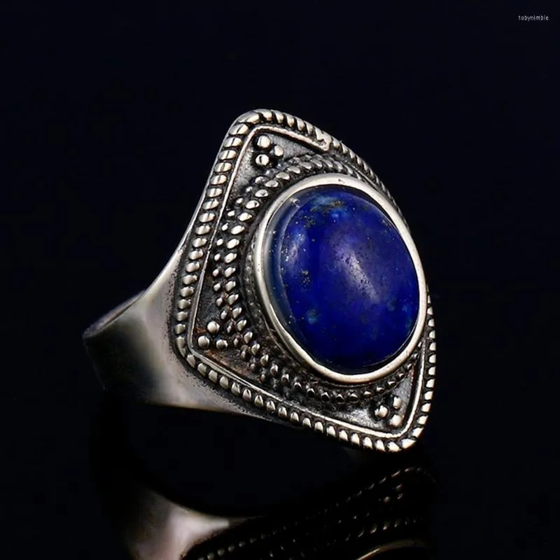 Cluster Anneaux 925 Sterling Silver Vintage Anneau Pour Femmes Hommes Naturel 8x10 MM Ovale Lapis Anniversaire Fête Bijoux Cadeau Fine