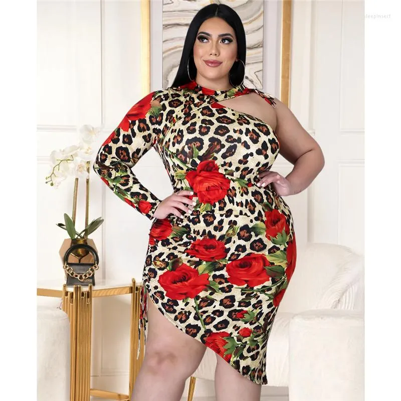 Plus Size Dresses One Shoulder Vintage Bodycon 2022 Sexy Leopard Dress Party Women Long Sleeve