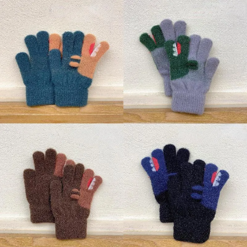 Accessoires pour cheveux, mitaines tricotées en Patchwork pour enfants, garçons et filles, gants d'hiver chauds avec animaux de dessin animé mignons