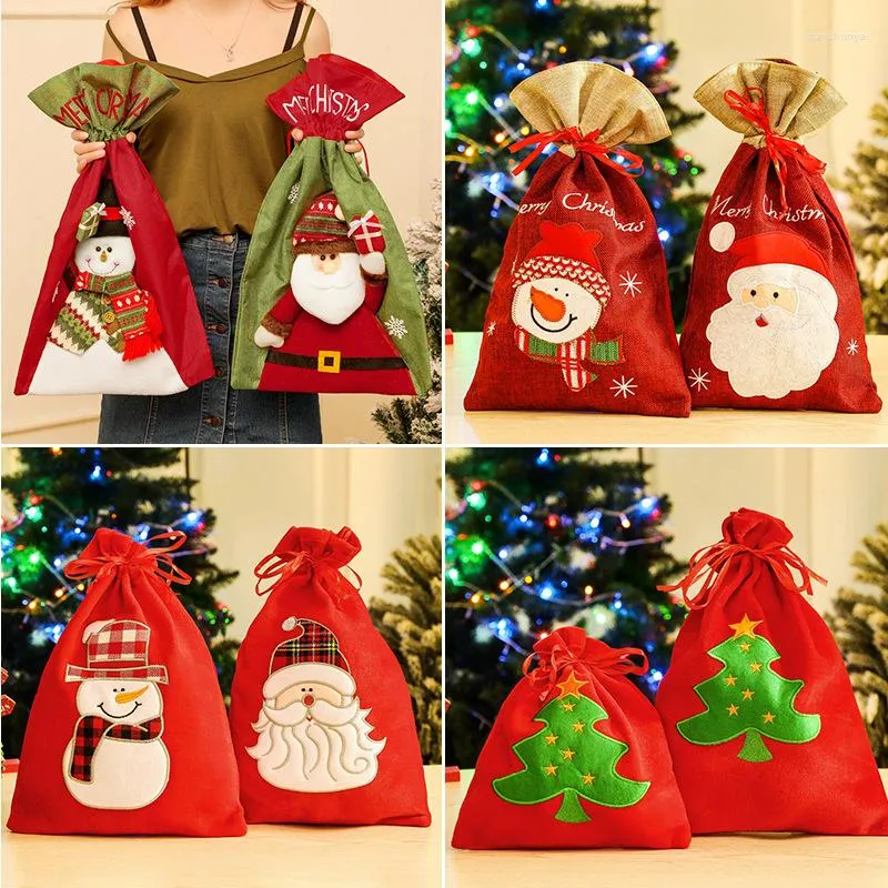 Decorações de Natal Bolsas de presente fofas Cartoon Velvet Draw String Candy Tolder Navidad Party Decoration Xmas Supplies