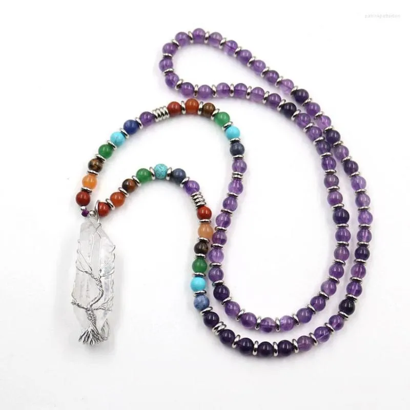 Pendant Necklaces Silver Plated Wire Wrap Irregular Shape Clear Quartz Long Beads Chain Necklace Ethnic Style Jewelry