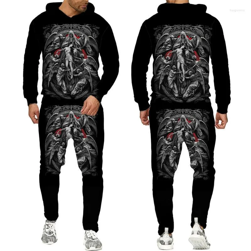 Herrsp￥rar Herrnyhet 3D Skull Grafiska hoodies Horror Print Sweatshirt Hoodie Pants Sportwear Autumn and Spring Man Pullover