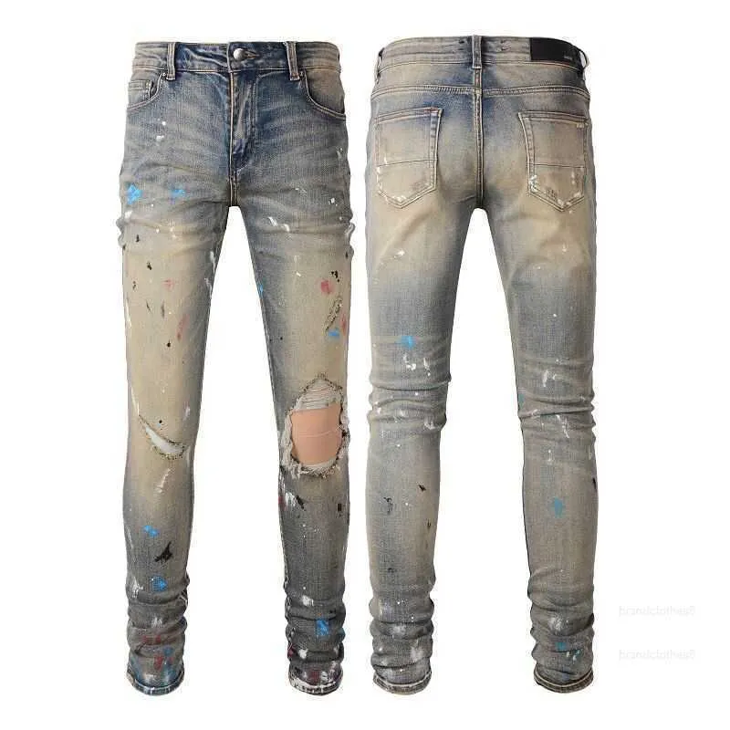 Denim amirs jeans designer calças homem queda angustiado magro ajuste bege leggings pintura riscado personalidade moda s8q6