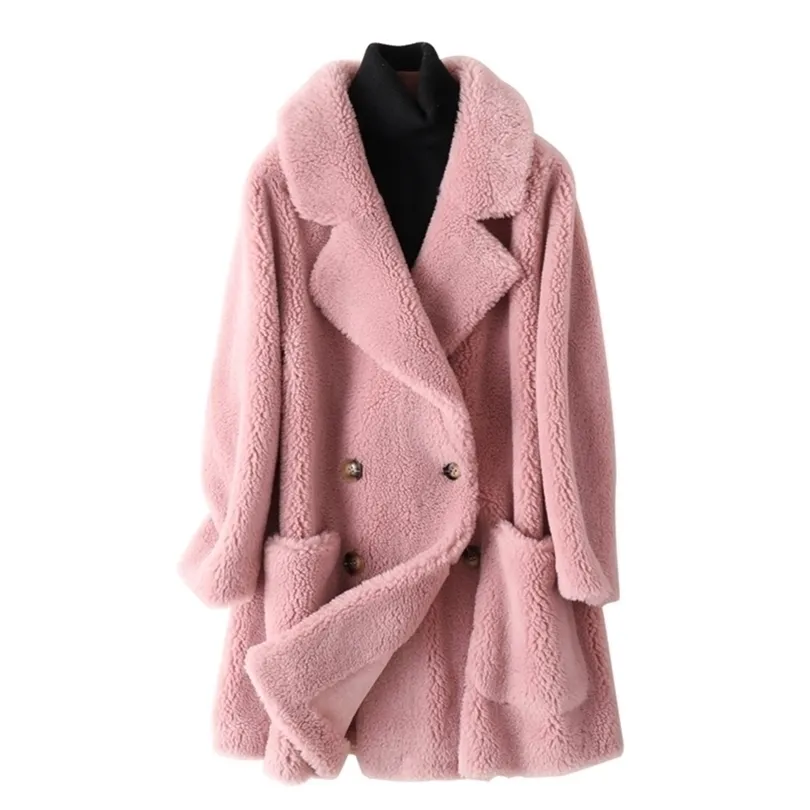 Womens Fur Faux Winter Office Lady Long Sheep Shearling Real Coat Women Double Faced Wool Jackets kvinnliga kläder Korean Fashion Tops 220930