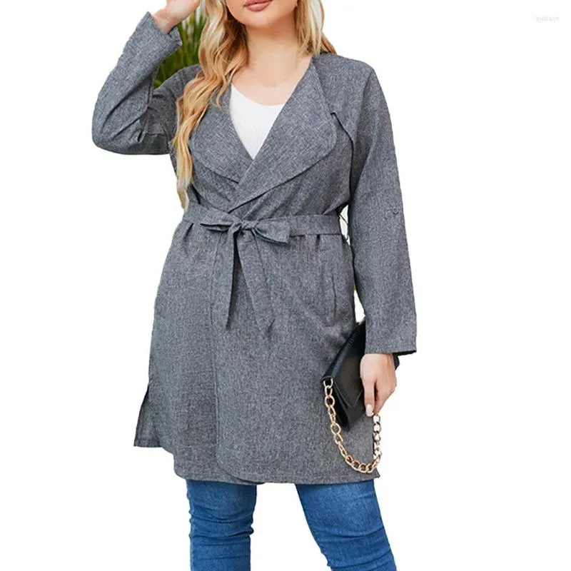 Outerwear Plus Size Women Casual Autumn Winter Long-sleeved Solid Mid-length Coat Jacket Bow Belt Color Shirt