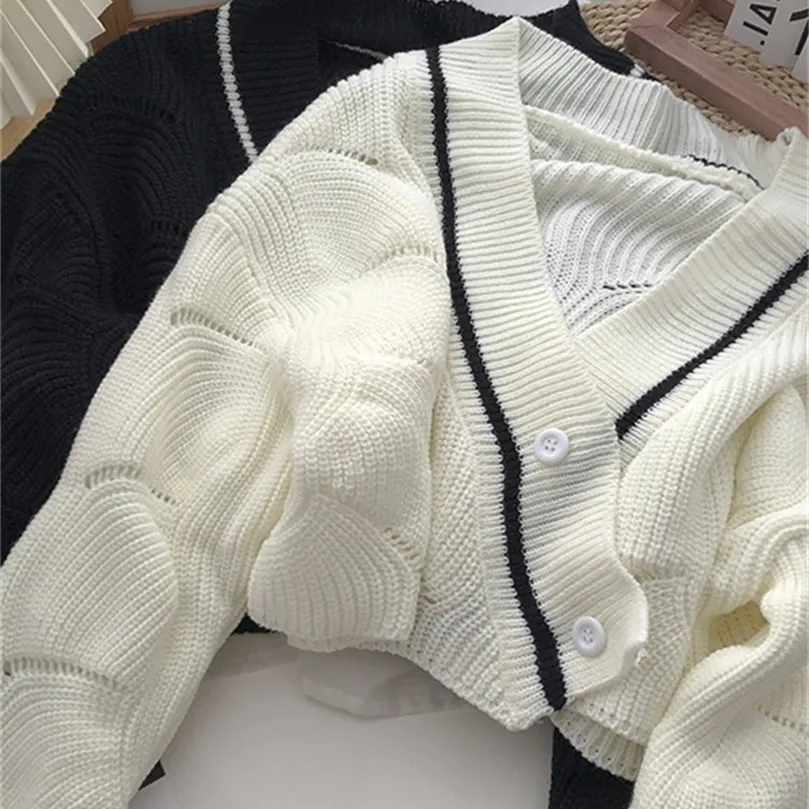 Kvinnorjackor Yitimoky Crop Cardigan tröja Kvinnor Criss Cross White Black Jumpers Casual Button Up Sticked Tops Fall Winter 220930