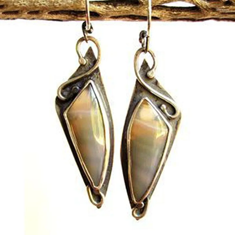 Boucles d'oreilles pendantes Vintage Labradorite jaune marron femelle gitane coquille synthétique longue résine boucle d'oreille bijoux tribaux O4D291