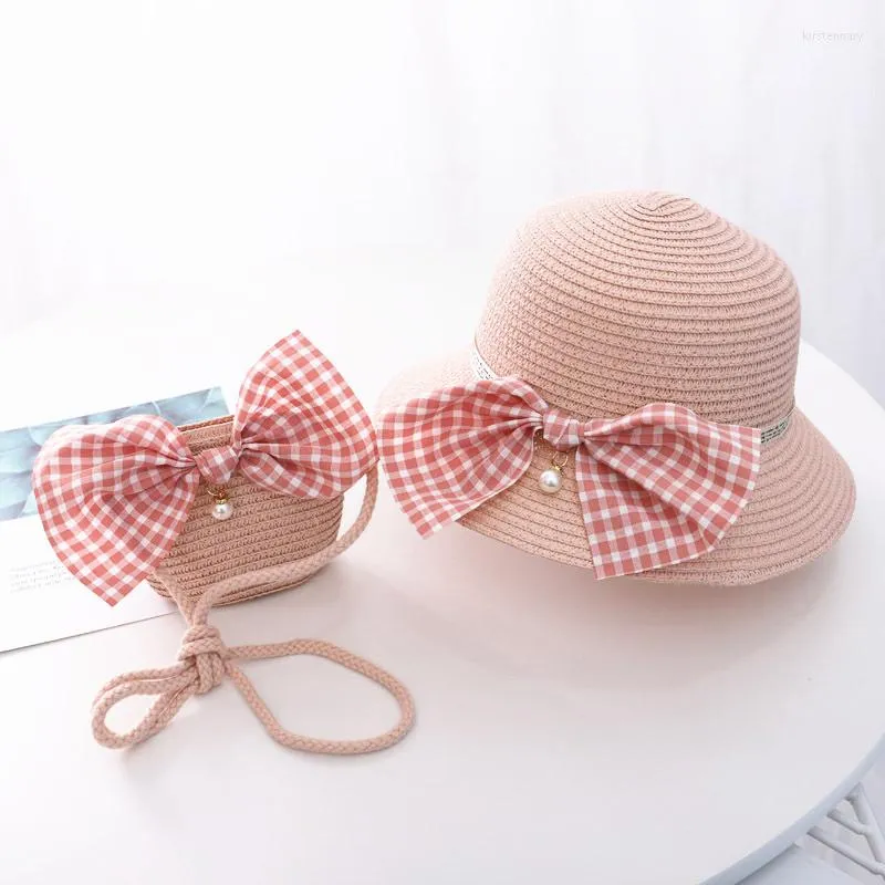 Berets Sommer Kind Prinzessin Niedlichen Cartoon Strohhut mit Handtaschen Taschen 2 stücke Ein Satz Urlaub Kinder Mädchen Baby Bogen Plaid Panama Sonne