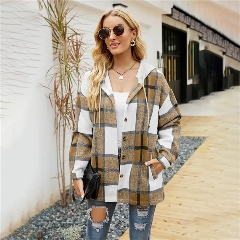 Womens Jackets Ladies Plaid Jacket Fall Winter Clothes Women Hooded Casual Loose Shirt Button Simple Fashion Splicing Multiple Colors Warm Top 220930