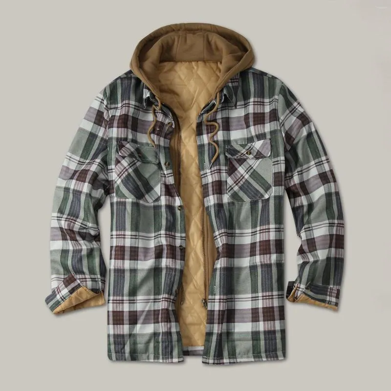 Men's Trench Coats Men's Autumn And Winter Jacket Warm Plaid Print Lapel Pocket Hooded Padded Loose Shirt Top Oversize Male Thick