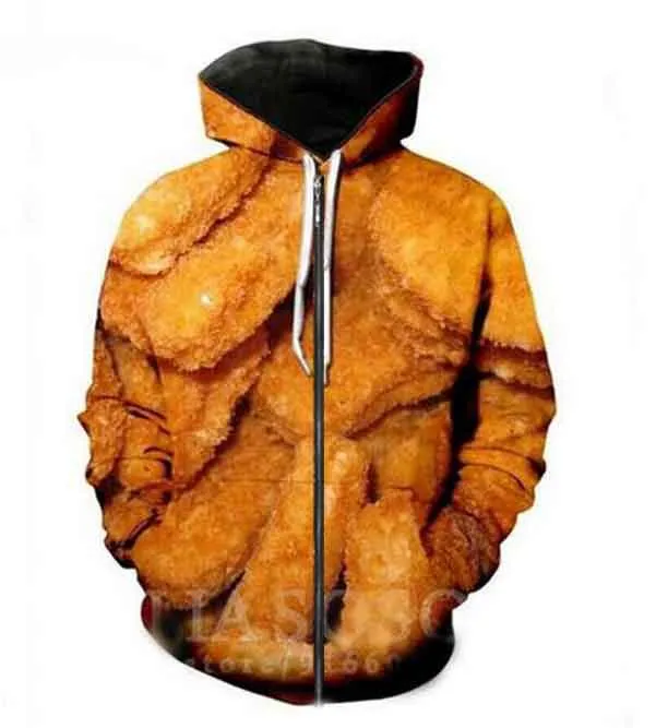 Nouveau poulet pépite 3D Femmes Hommes Survêtement Pull Harajuku Fermeture Éclair Date Cheetos Drôle Zip Hoodies À Capuche Imprimer Hommes Sweat P026