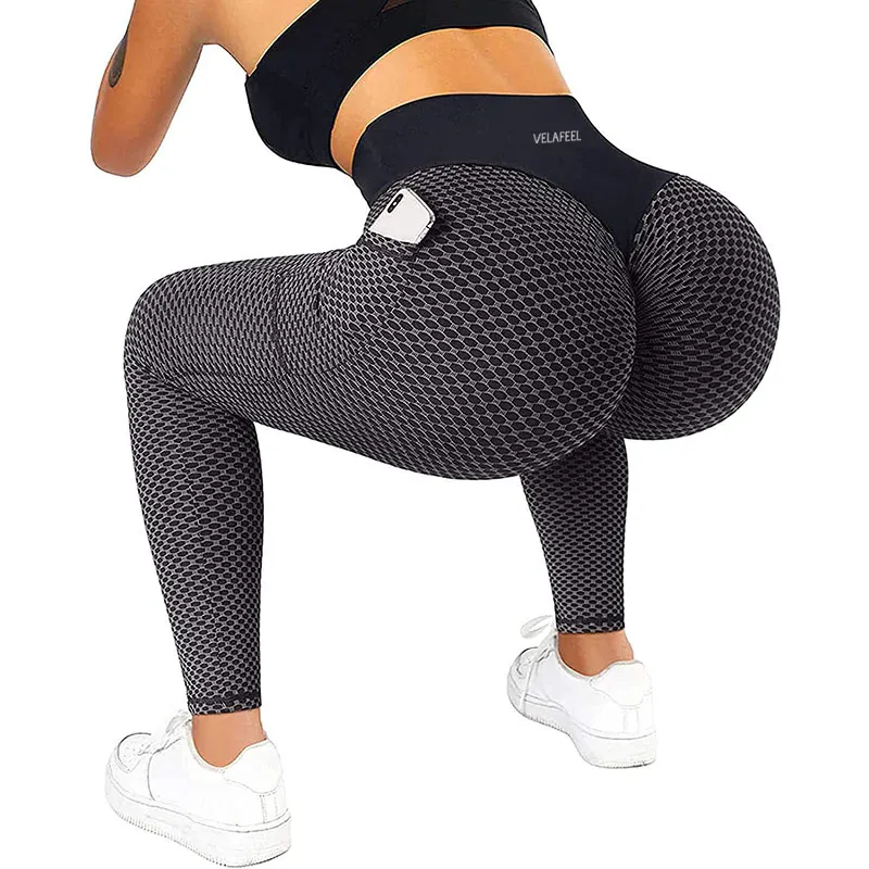 Pantaloni da yoga da donna Amazon booty-lift in schiuma a nido d'ape da palestra, leggings sportivi da corsa Leggings da tasca atletici