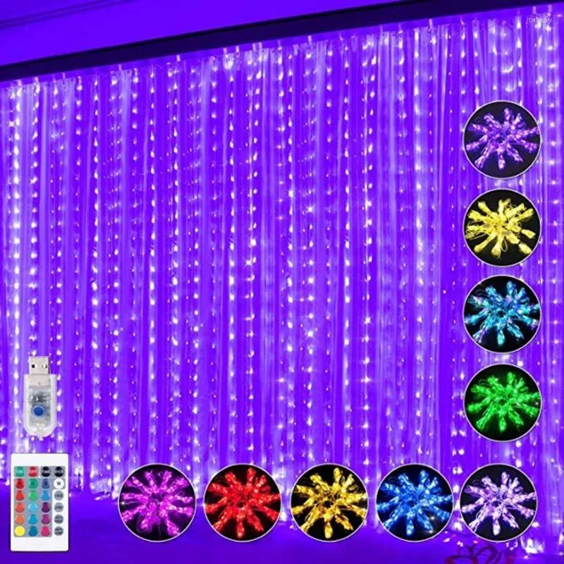 Strängar 3x3m 300 LED RGB gardin fairy ljus med avlägsna 16 färger jul fönster sträng girland bröllop fest semester dekor