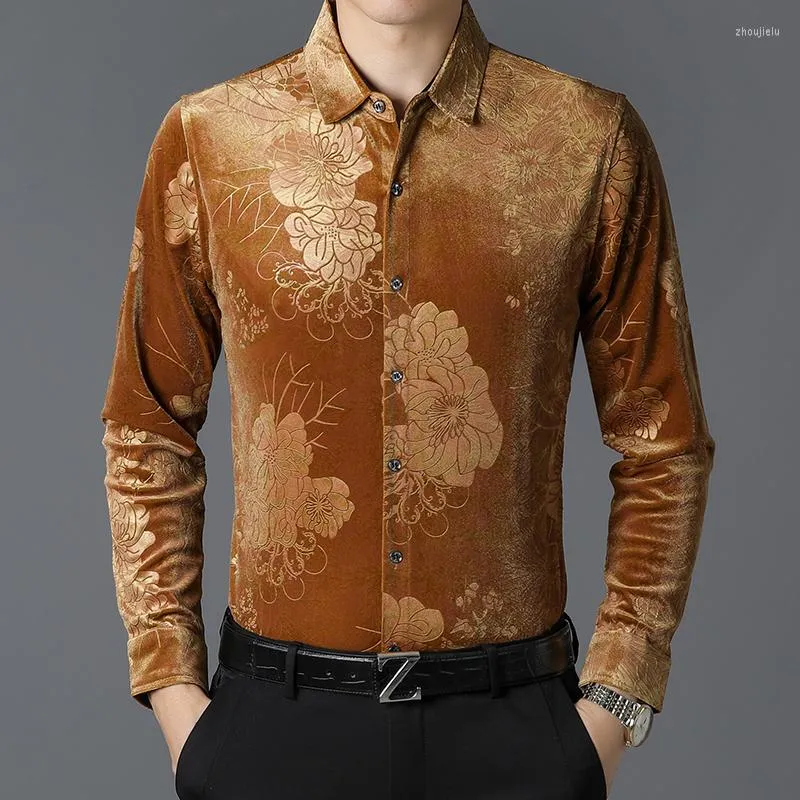 Męskie koszule 2022 Autumn Spring Men Golden Silk Velvet Man Long Rleeve Floral Velor Shirt