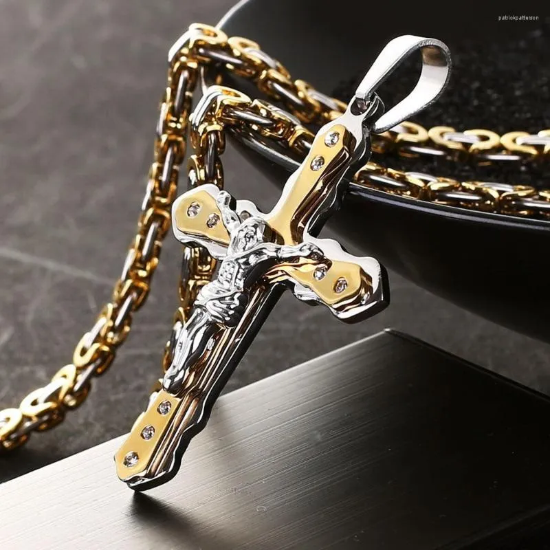 Pendant Necklaces Stainless Steel Catholic Crucifix Cross Necklace Long Rock Neckless Men Jewelry Gift Heavy Chain