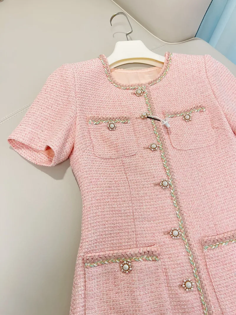 2022 Autumn Round Neck Tweed Panelled Weave Dress Pink Short Sleeve Pockets Single-Breasted Casual Dresses A2O256288