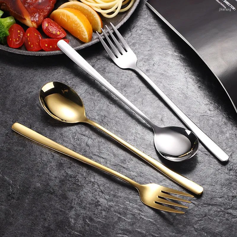 Servis upps￤ttningar koreansk l￥nghandtagssked gaffel rostfritt st￥l gyllene bordsartiklar specialerbjudande bestick buff￩ serveringsverktyg k￶k