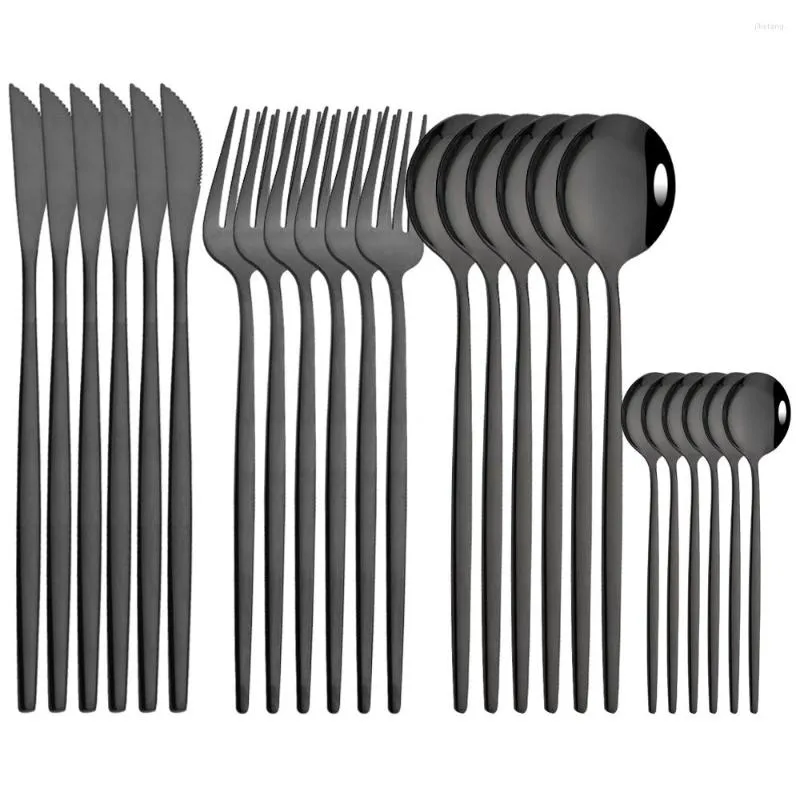 Dijkartikelen sets 24 stks spiegel zwarte flatware set roestvrijstalen bestek huisparty steak mes vork lepel zilverwerk servies