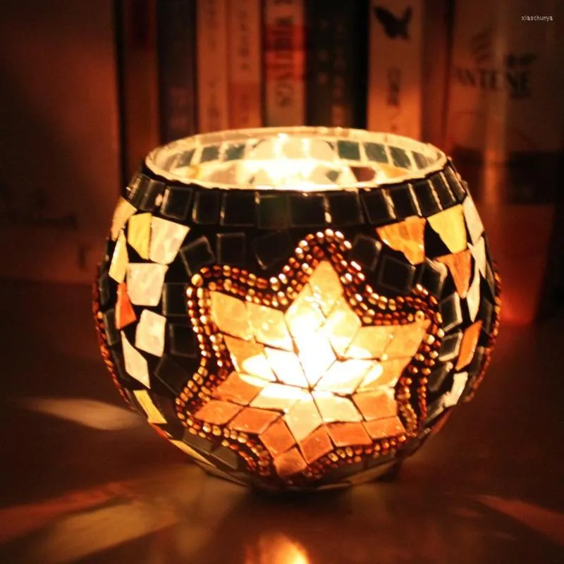 Świecane uchwyty Mosaic Glass Candlestick Wedding Dekoracja Świąteczna Lampa urodzinowa Złote Płatki śniegu