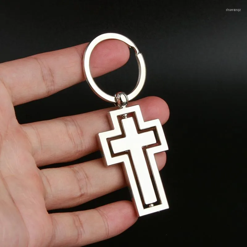 Keychains Fashion 360 Degree Rotating Cross Keychain For Men Metal Hollow Car Key Pendant With Ring Couple Religious Gifts