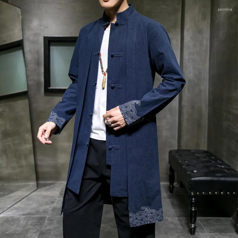 Trench da uomo MrGB Giacca primavera/autunno Cotone Lino Stampa stile cinese Abito con linguetta Hanfu Giacca a vento di media lunghezza Cappotto oversize